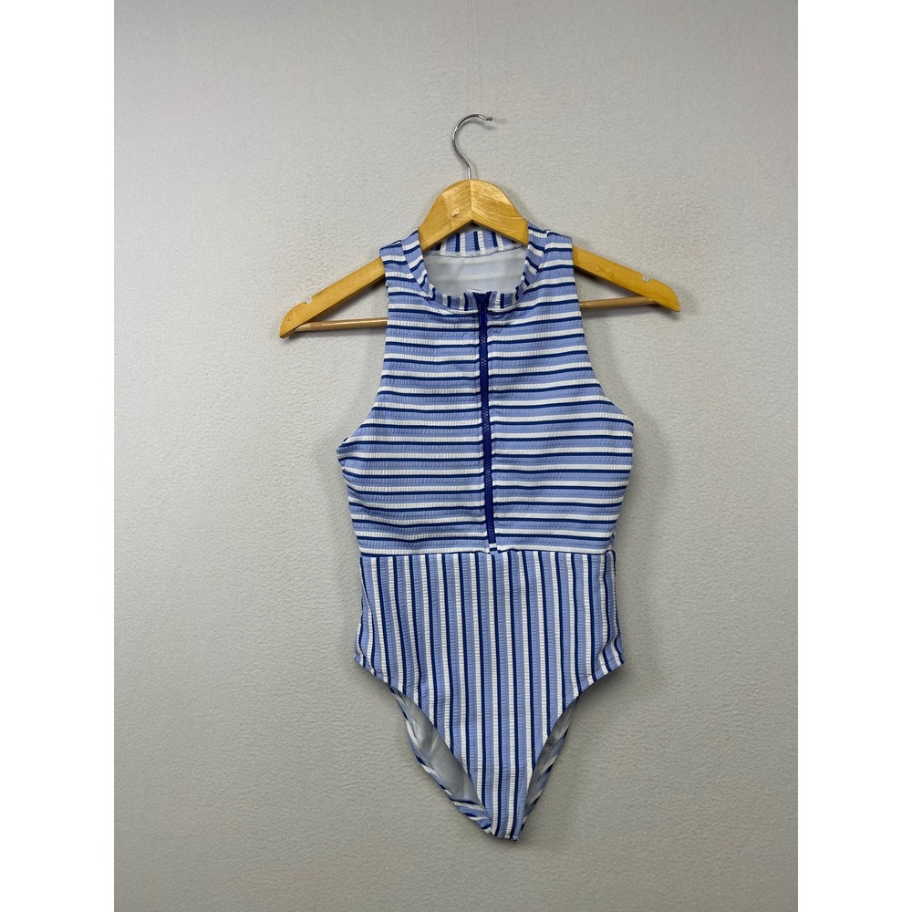 Nautical Sporty Splendid Womens Small Blue White Striped Zip High Neck Swimsuit